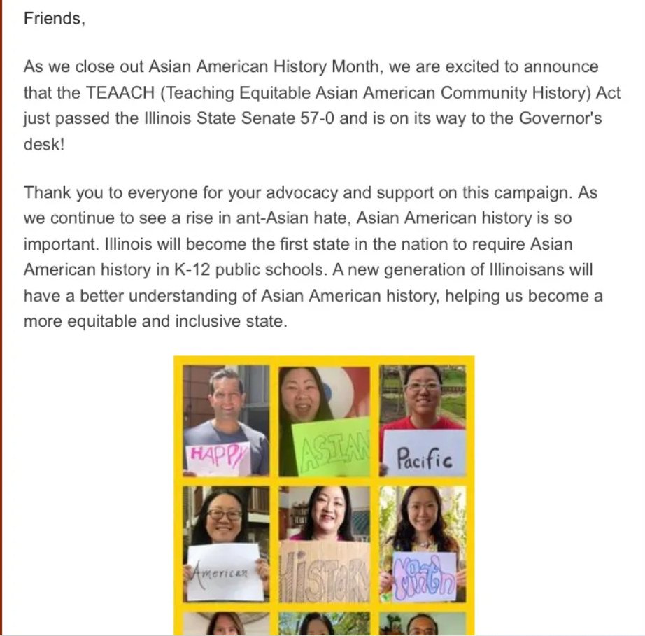 伊利诺伊州参议院57-0一致通过法案，要求学校教授亚裔美国人历史
