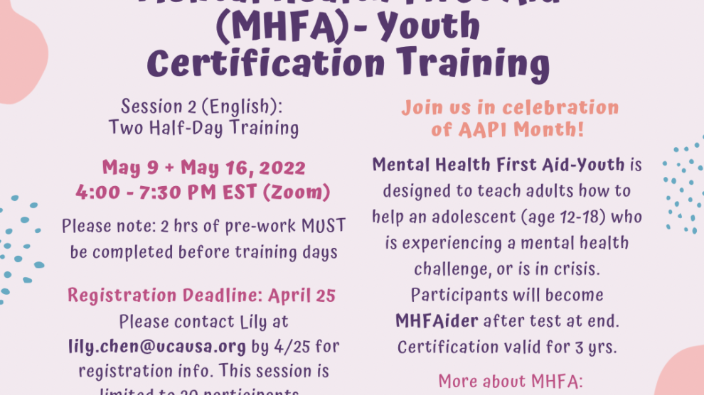 Upcoming Mental Health First Aide MHFA Training in April and May , 2023