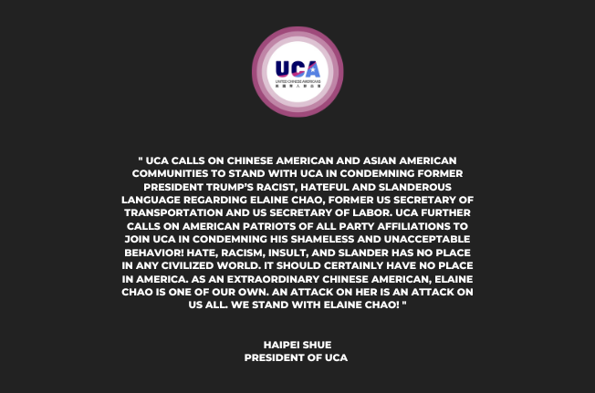 UCA in condemning former President Trump’s racist, hateful and slanderous language regarding Elaine Chao.
